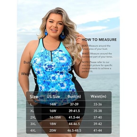 Angel Season Womens Plus Size Zipper Tankini Top Racerback Blue Tie-Dye Size XL - Picture 8 of 10